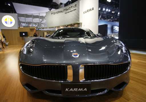 Fisker Automotive's Fisker Karma, a sports luxury plug-in hybrid car, is displayed at the 2010 Los …