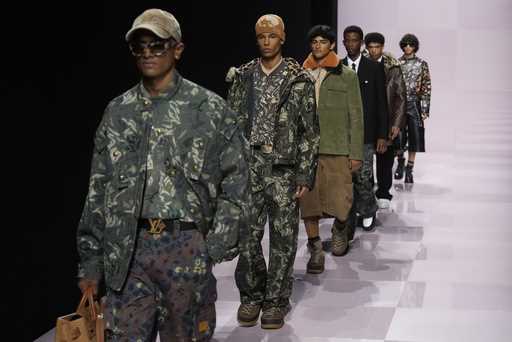 Models wear creations as part of the men's Louis Vuitton Fall-Winter 2025-2026 collection, that was…