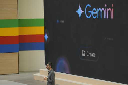 Alphabet CEO Sundar Pichai speaks about Gemini at a Google I/O event in Mountain View, Calif