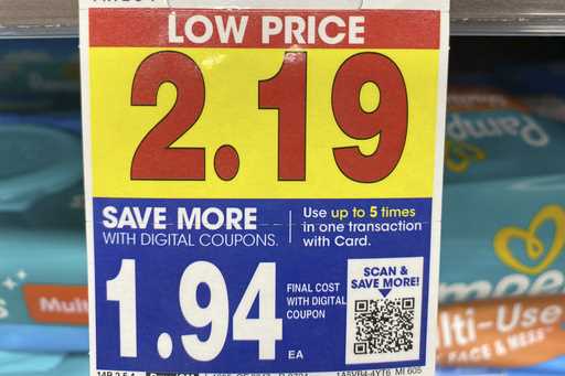 A digital-only coupon for Pampers brand baby wipes is displayed at a Kroger in Ann Arbor, Michigan,…