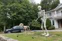 A towering Halloween human skeleton appears with a giant canine skeleton in front of a house in Wes…