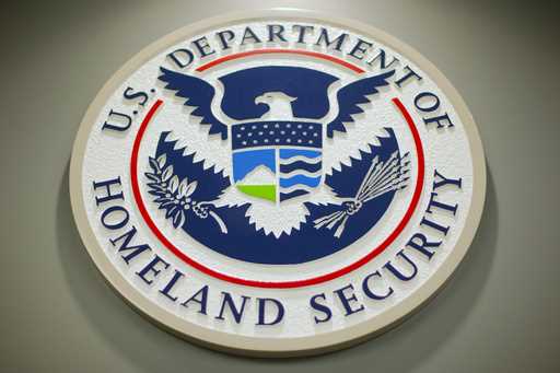 The Department of Homeland Security logo is seen during a news conference in Washington, February 2…