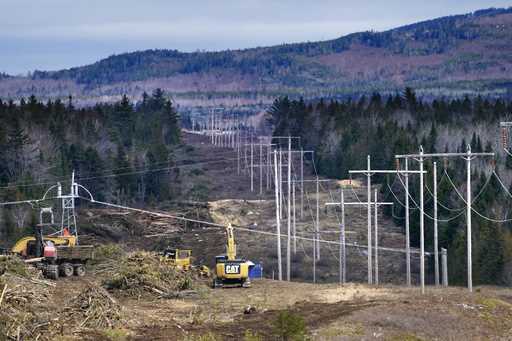 Heavy machinery is used to cut trees to widen an existing Central Maine Power power line corridor t…