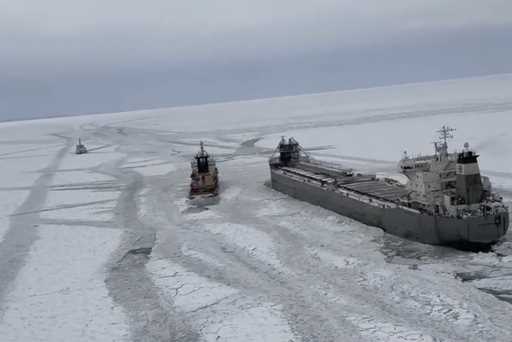 The lake freighter Manitoulin is immobilized by thick ice in Lake Erie outside the Buffalo River br…