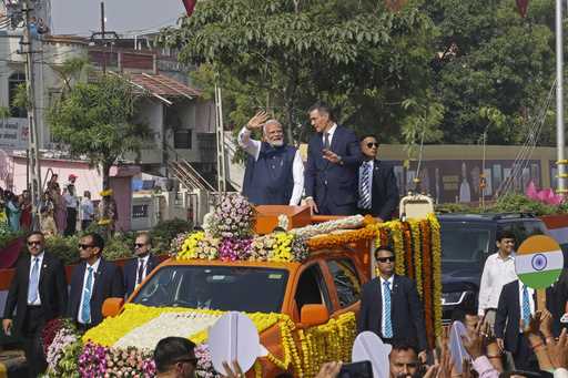 Indian Prime Minister Narendra Modi, center left, and his Spanish counterpart Pedro Sanchez, center…