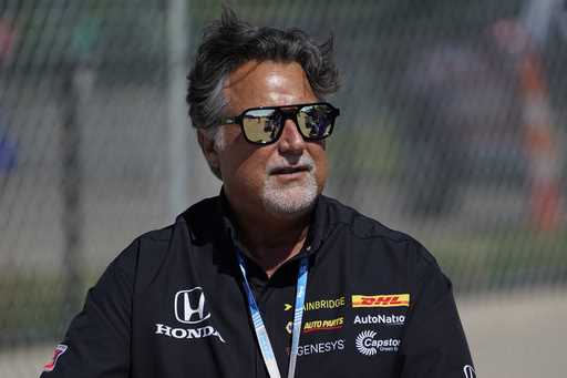 Team owner Michael Andretti looks on during practice for the IndyCar Detroit Grand Prix auto racing…