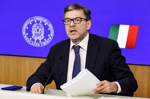 Economy minister Giancarlo Giorgetti holds a press conference on the approved Budget Bill in Rome, …