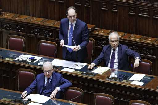 Cabinet Minister Luca Ciriani, left back, speaks during Question Time in the Chamber of Deputies, i…