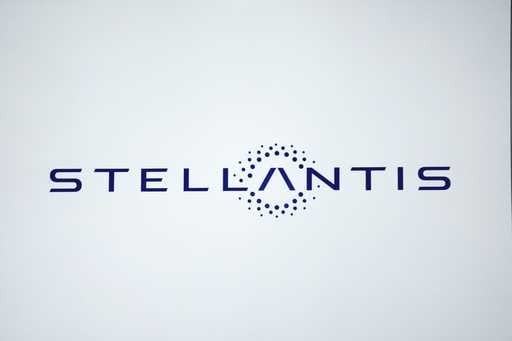 A Stellantis logo is shown at the North American International Auto Show in Detroit, Sept