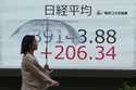 A person walks in front of an electronic stock board showing Japan's Nikkei index at a securities f…