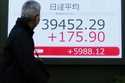 A person looks at an electronic stock board showing Japan's Nikkei index at a securities firm Thurs…