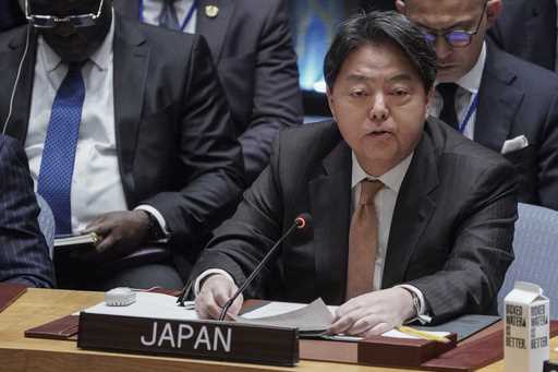 Japanese Foreign Minister Yoshimasa Hayashi address the United Nations Security Council at U