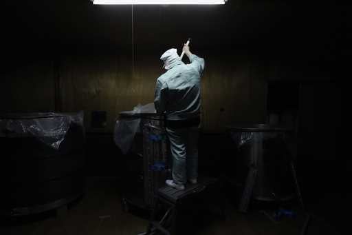 Sake brewer Mie Takahashi stirs mixture of steamed rice with koji mold and water in a tank at her K…