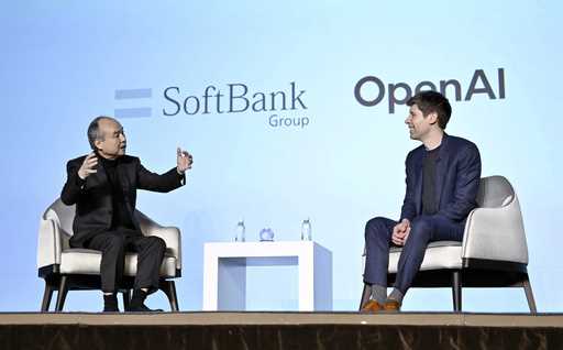 SoftBank Chief Masayoshi Son, left, and OpenAI Chief Sam Altman hold a talk during an event for ent…