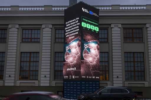 A screen near the Energy Museum and Mindaugas Bridge indicates that on February 8 the Baltic States…