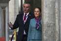 Mexican President Claudia Sheinbaum, right, and Mexican businessperson Francisco Cervantes arrive f…