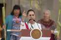 Newly-sworn in President Claudia Sheinbaum addresses supporters in the Zócalo, Mexico City's main s…