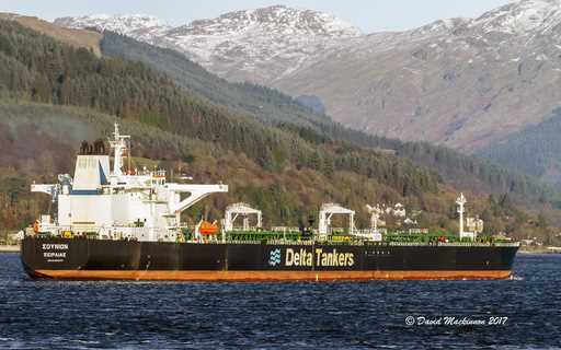 The Greek-flagged oil tanker Sounion is seen heading into the Finnart Ocean Terminal in the United …