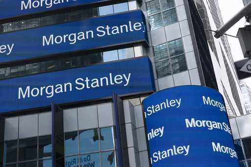 Electronic signs are shown at Morgan Stanley headquarters on March 4, 2021 in New York