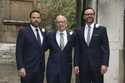 From left, Lachlan Murdoch, Rupert Murdoch and James Murdoch arrive at St Bride's Church for the ce…