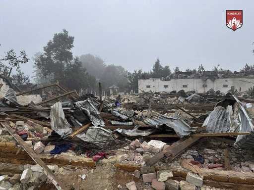 This handout photo provided by Mandalay People's Defence Force shows the debris of a jail building …