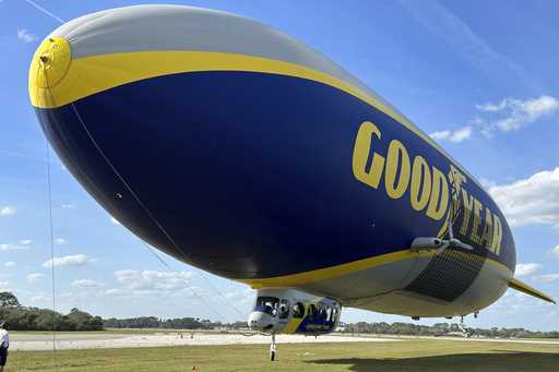 The Goodyear Blimp is prepared for takeoff, Wednesday, February 12, 2025, in New Smyrna Beach, Fla