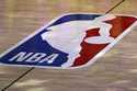 An NBA logo is seen at center court prior to an NBA basketball game between the Los Angeles Clipper…