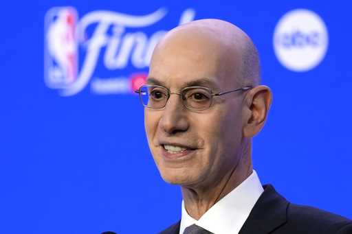 NBA Commissioner Adam Silver talks to reporters before Game 1 of basketball's NBA Finals between th…