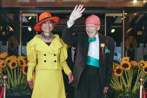 95 year old businessman and billionaire Olav Thon, right poses for a photo with Sissel Berdal Haga,…