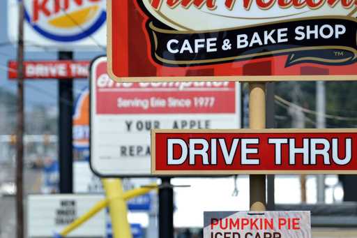 Fast food restaurant signs line Peach Street in Erie, Pa