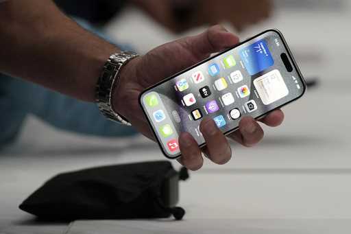 The iPhone 15 Pro is shown after its introduction on the Apple campus, Sept