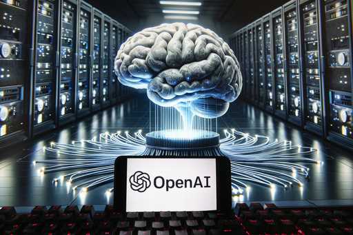 The OpenAI logo is seen displayed on a cell phone with an image on a computer monitor generated by …