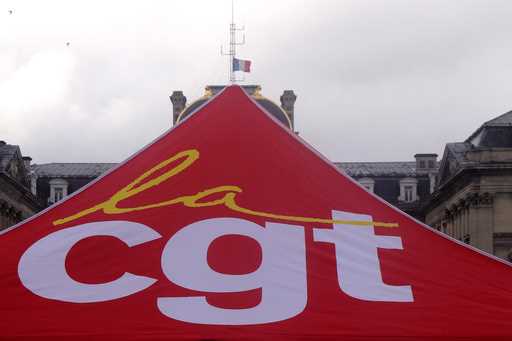 A CGT union tent is pictured during a demonstration in Lille, northern France, Tuesday, Thursday Ma…