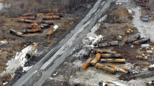 This image taken with a drone shows the continuing cleanup of portions of a Norfolk Southern freigh…