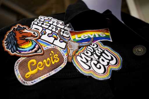 A jacket with patches from Levi's Pride collection is displayed at a Levi's Store in downtown Chica…