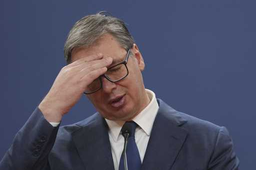 Serbian President Aleksandar Vucic speaks during a news conference with Slovakia's Prime Minister R…