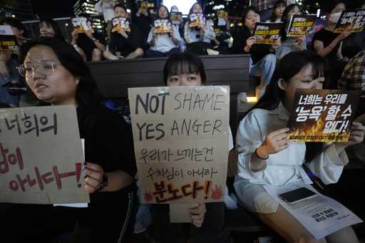 Citizens stage a rally against deepfake sex crime in Seoul, South Korea, on Sept