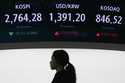 A currency trader passes under the screen showing the Korea Composite Stock Price Index…
