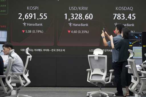 Currency traders work near a screen showing the Korea Composite Stock Price Index…