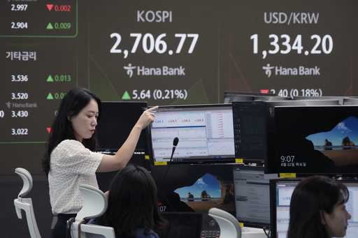 A currency trader gestures near a screen showing the Korea Composite Stock Price Index…