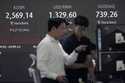 Currency traders work near a screen showing the Korea Composite Stock Price Index…