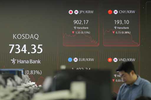 A currency trader works near a screen showing the Korea Composite Stock Price Index…