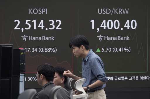 Currency traders watch monitors near a screen showing the Korea Composite Stock Price Index…