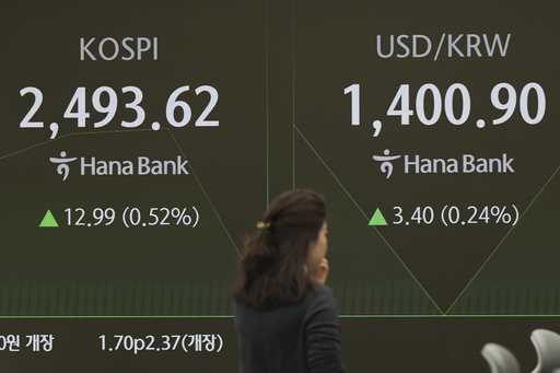 A currency trader walks by the screens showing the Korea Composite Stock Price Index…