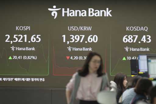 A currency trader walks near the screens showing the Korea Composite Stock Price Index…