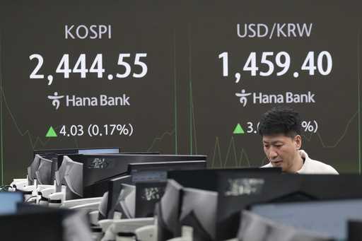 A currency trader watches monitors near a screen showing the Korea Composite Stock Price Index…