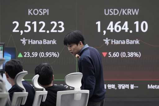 A currency trader works near a screen showing the Korea Composite Stock Price Index…