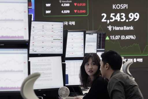 Currency traders work near a screen showing the Korea Composite Stock Price Index…