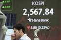 A currency trader watches monitors near a screen showing the Korea Composite Stock Price Index…