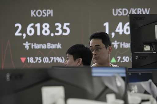 Currency traders work near a screen showing the Korea Composite Stock Price Index…